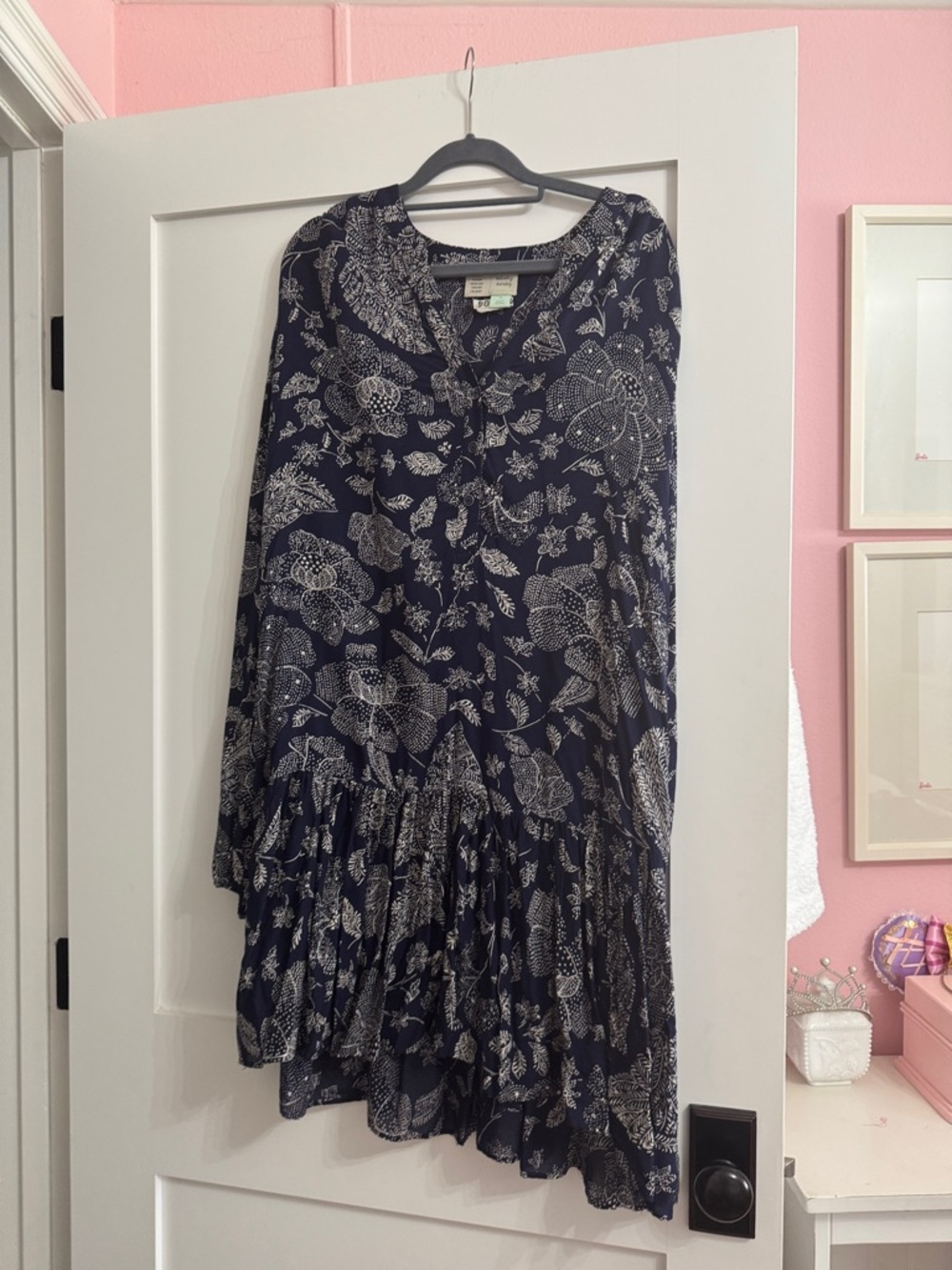 Anthropologie Navy Blue Floral Asymmetrical Tiered Dress